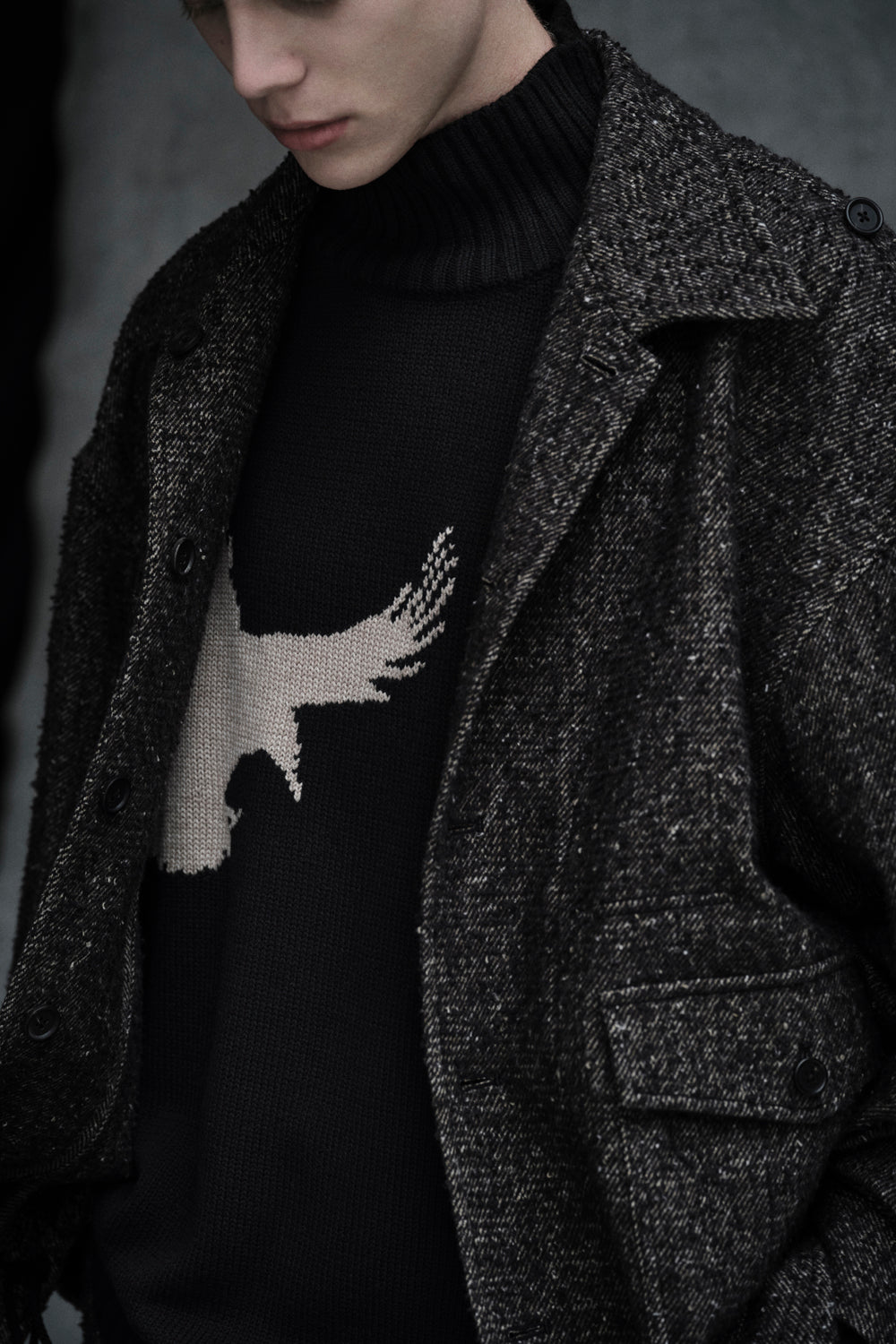 7G WOOL-BLEND INTARSIA CROW-PATTERN PULLOVER