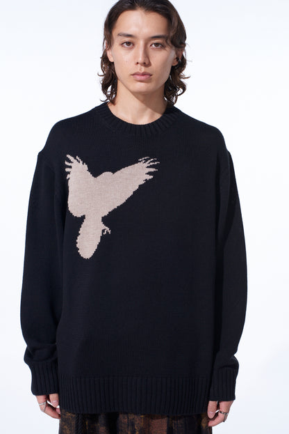 7G WOOL-BLEND INTARSIA CROW-PATTERN PULLOVER