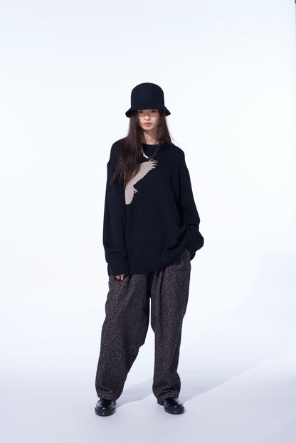 7G WOOL-BLEND INTARSIA CROW-PATTERN PULLOVER
