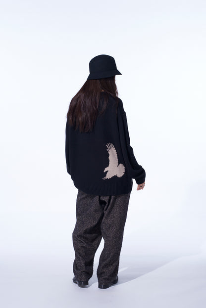 7G WOOL-BLEND INTARSIA CROW-PATTERN PULLOVER