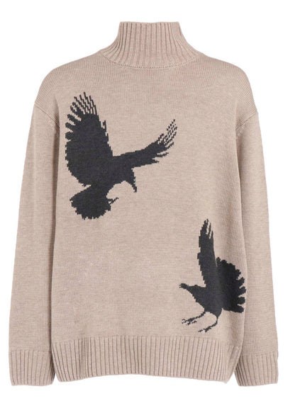 7G WOOL-BLEND INTARSIA CROW-PATTERN HIGH NECK KNIT
