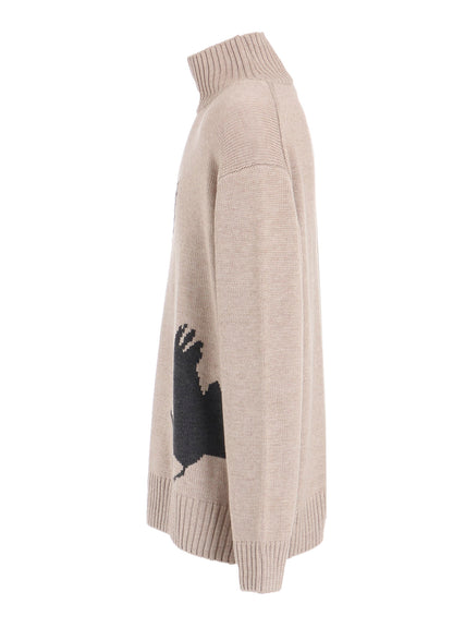 7G WOOL-BLEND INTARSIA CROW-PATTERN HIGH NECK KNIT