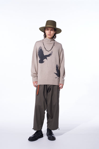7G WOOL-BLEND INTARSIA CROW-PATTERN HIGH NECK KNIT
