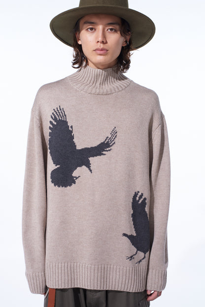 7G WOOL-BLEND INTARSIA CROW-PATTERN HIGH NECK KNIT