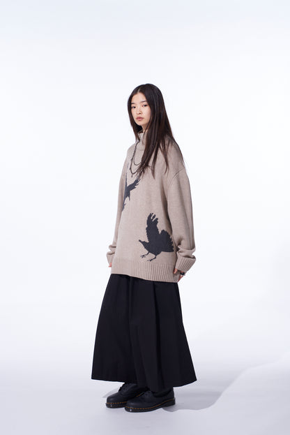 7G WOOL-BLEND INTARSIA CROW-PATTERN HIGH NECK KNIT