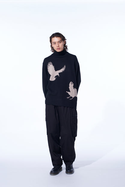7G WOOL-BLEND INTARSIA CROW-PATTERN HIGH NECK KNIT