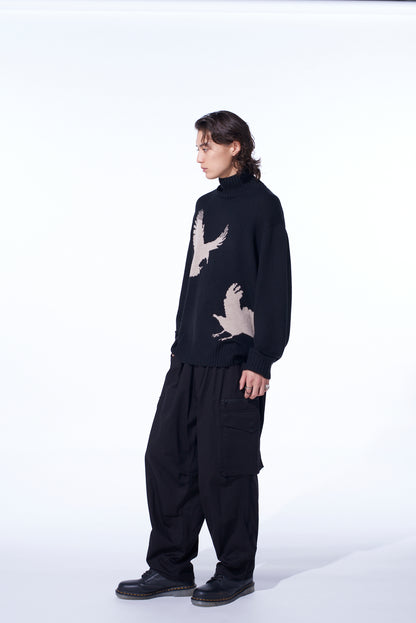 7G WOOL-BLEND INTARSIA CROW-PATTERN HIGH NECK KNIT