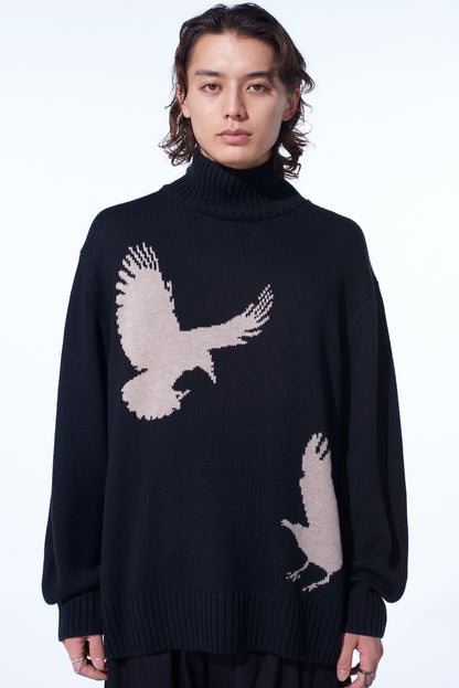 7G WOOL-BLEND INTARSIA CROW-PATTERN HIGH NECK KNIT