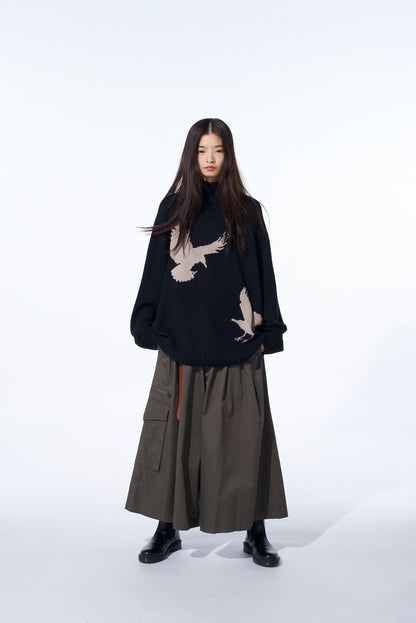 7G WOOL-BLEND INTARSIA CROW-PATTERN HIGH NECK KNIT