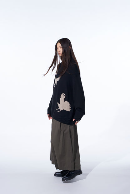 7G WOOL-BLEND INTARSIA CROW-PATTERN HIGH NECK KNIT