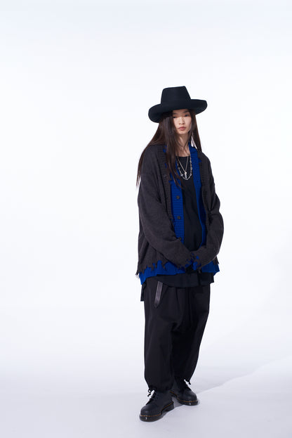 CORPILON BULKY WOOL COLOR-BLOCKED DAMAGE CARDIGAN