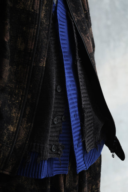 CORPILON BULKY WOOL COLOR-BLOCKED DAMAGE CARDIGAN