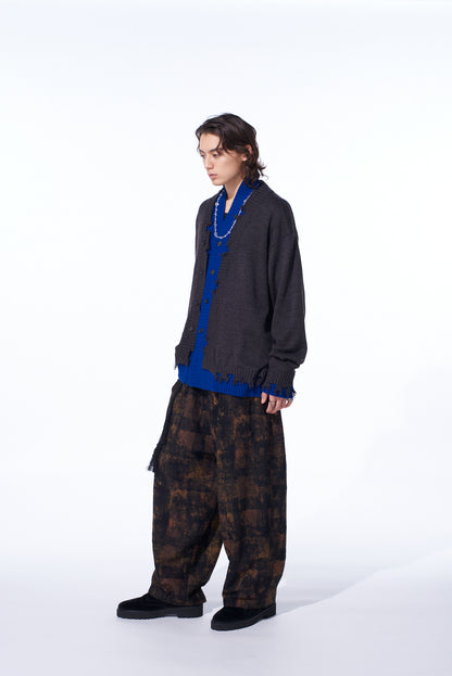 CORPILON BULKY WOOL COLOR-BLOCKED DAMAGE CARDIGAN