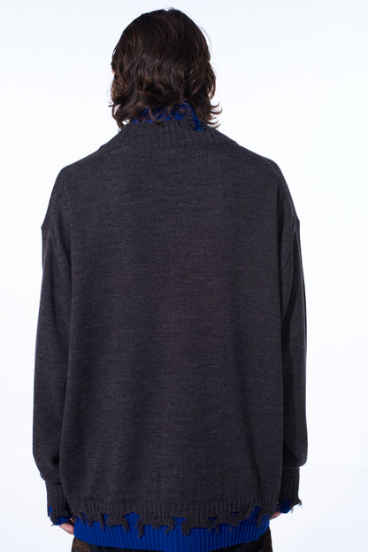 CORPILON BULKY WOOL COLOR-BLOCKED DAMAGE CARDIGAN