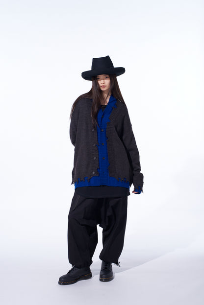 CORPILON BULKY WOOL COLOR-BLOCKED DAMAGE CARDIGAN