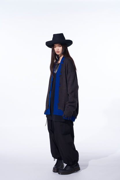 CORPILON BULKY WOOL COLOR-BLOCKED DAMAGE CARDIGAN