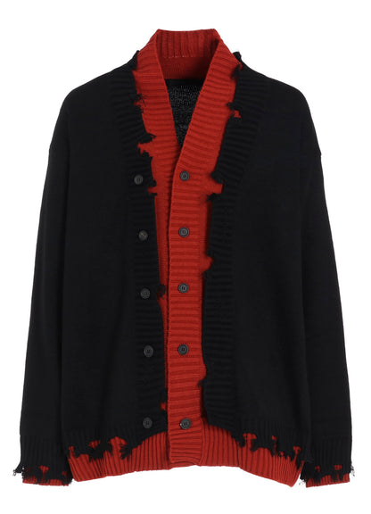 CORPILON BULKY WOOL COLOR-BLOCKED DAMAGE CARDIGAN