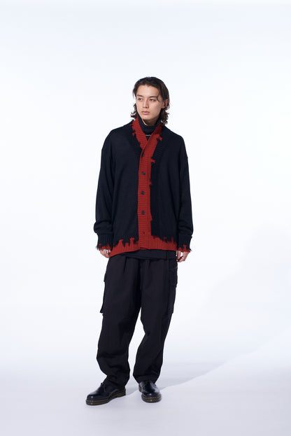 CORPILON BULKY WOOL COLOR-BLOCKED DAMAGE CARDIGAN