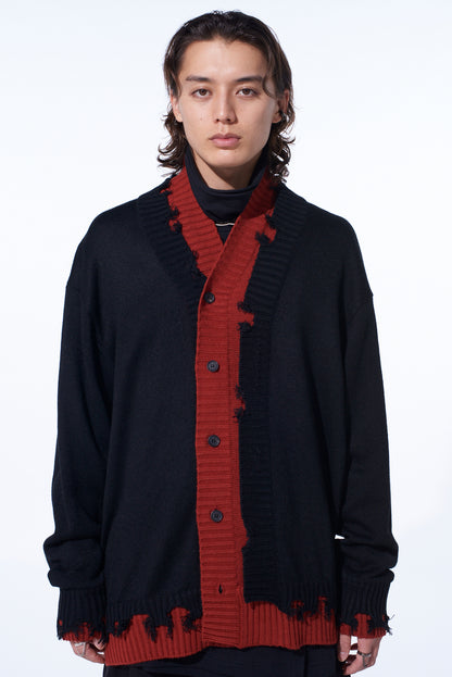 CORPILON BULKY WOOL COLOR-BLOCKED DAMAGE CARDIGAN