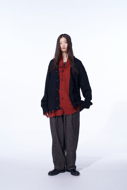 CORPILON BULKY WOOL COLOR-BLOCKED DAMAGE CARDIGAN
