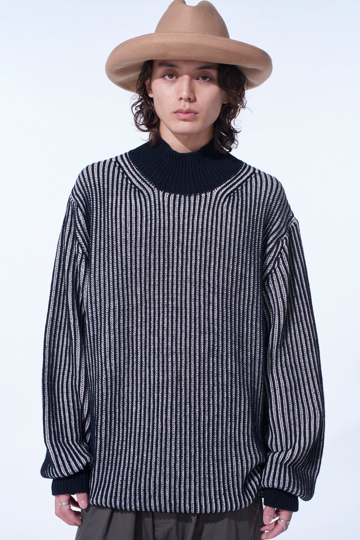 5G BULKY WOOL RIB STITCH OVERSIZED HIGH NECK KNIT