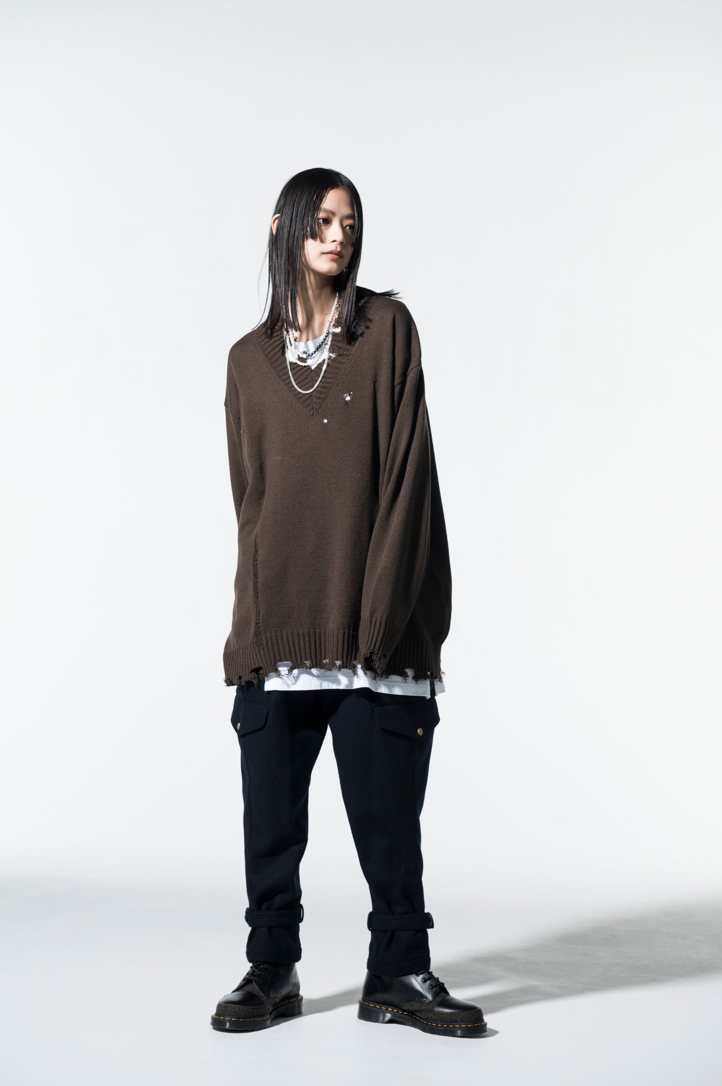 7G BULKY WOOL DAMAGE V NECK PULLOVER