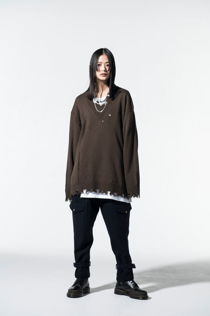 7G BULKY WOOL DAMAGE V NECK PULLOVER