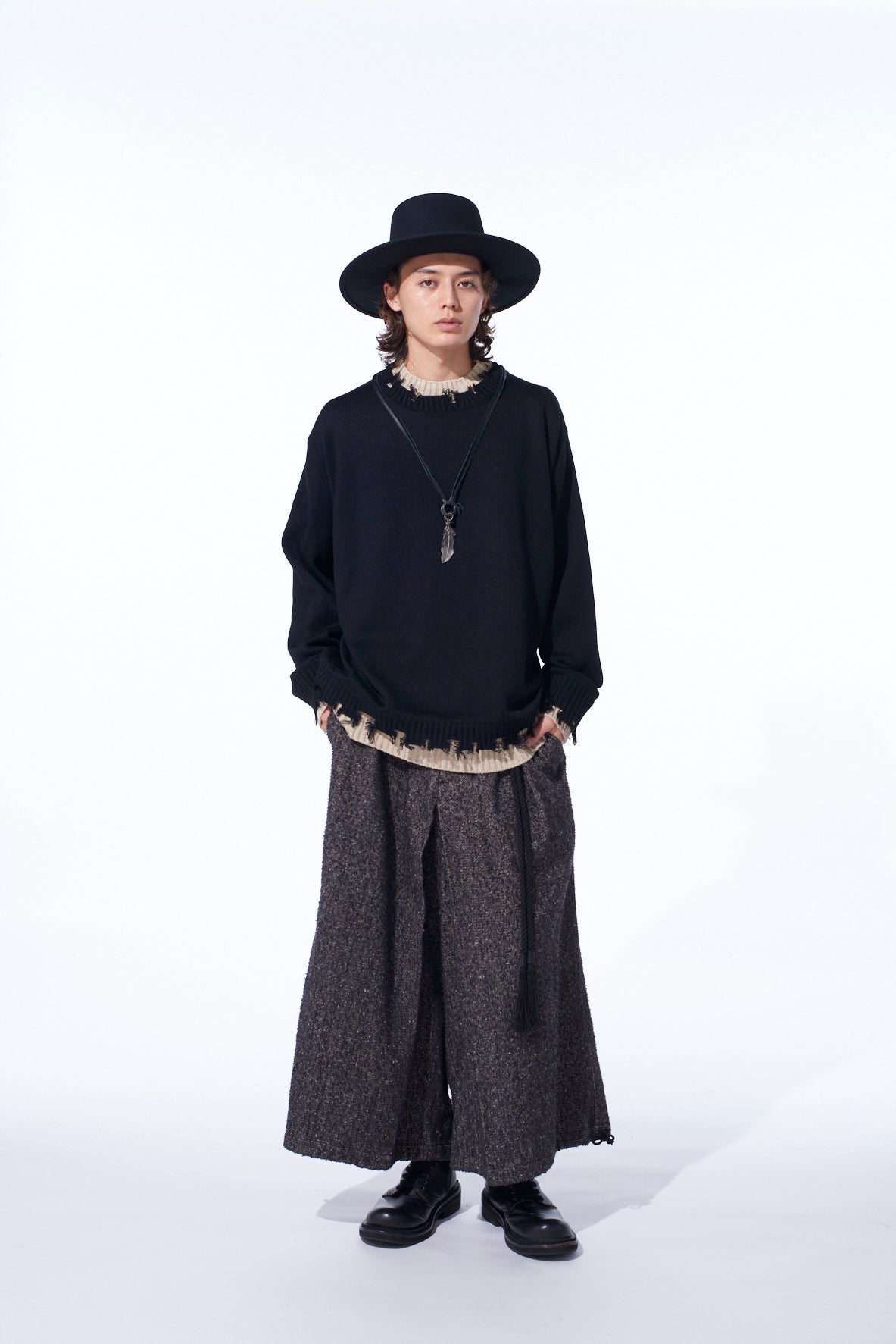 BRUSHED TWILL NEEDLE PUNCH ELASTIC HAKAMA PANTS