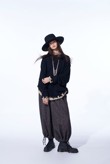 BRUSHED TWILL NEEDLE PUNCH ELASTIC HAKAMA PANTS