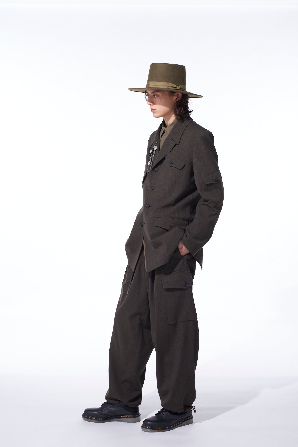 STRIPED SILK ANGORA WOOL 2 TUCK CARGO PANTS