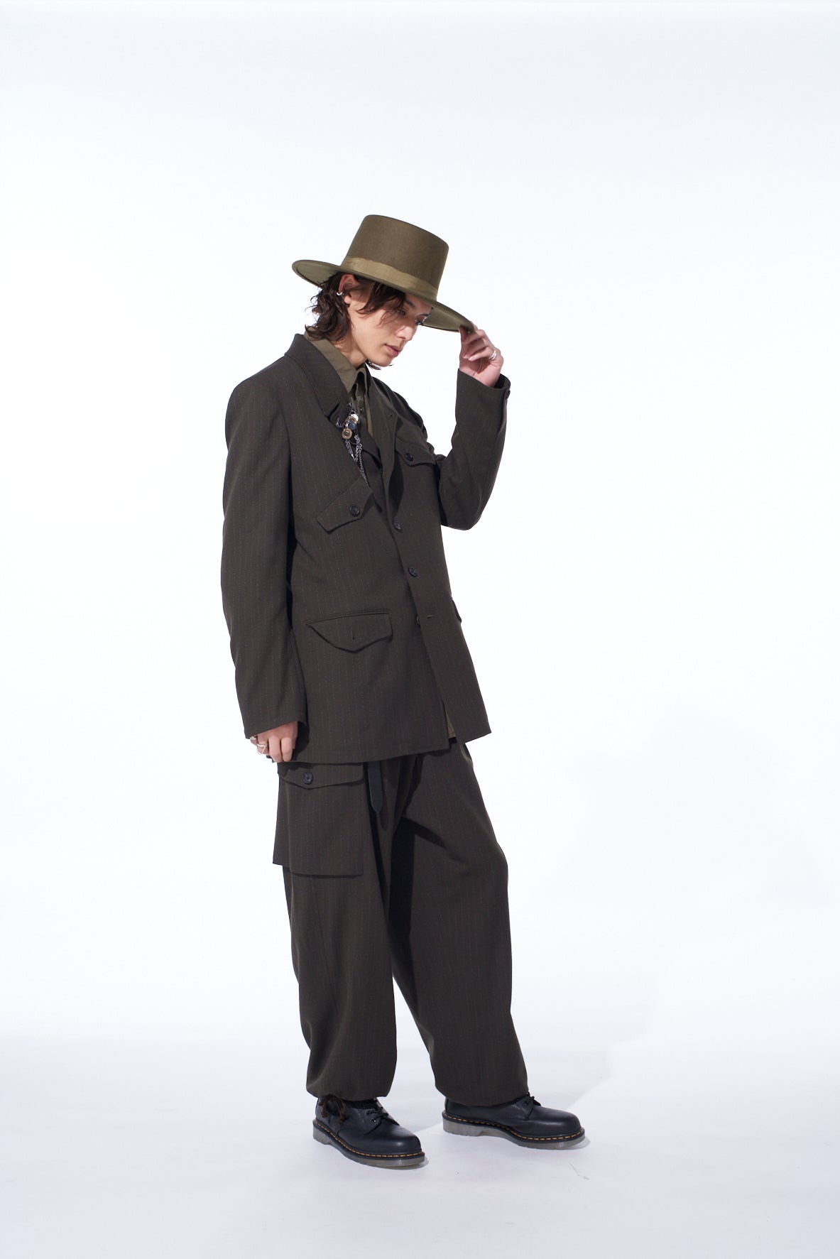 STRIPED SILK ANGORA WOOL 2 TUCK CARGO PANTS