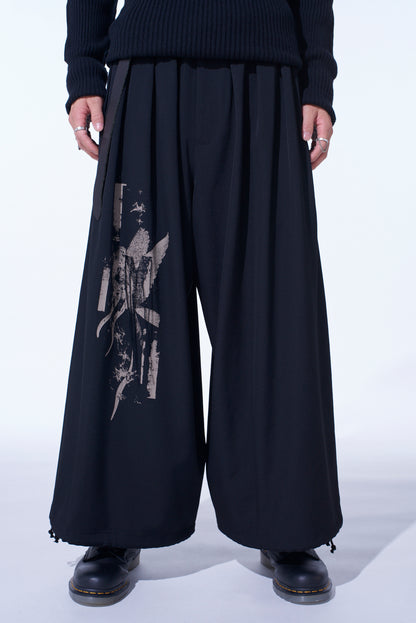 WASHER WOOL GABARDINE PRINT EMBROIDERY BALLOON PANTS