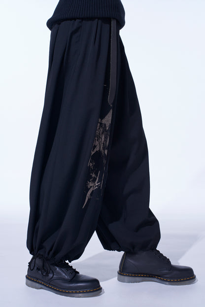 WASHER WOOL GABARDINE PRINT EMBROIDERY BALLOON PANTS