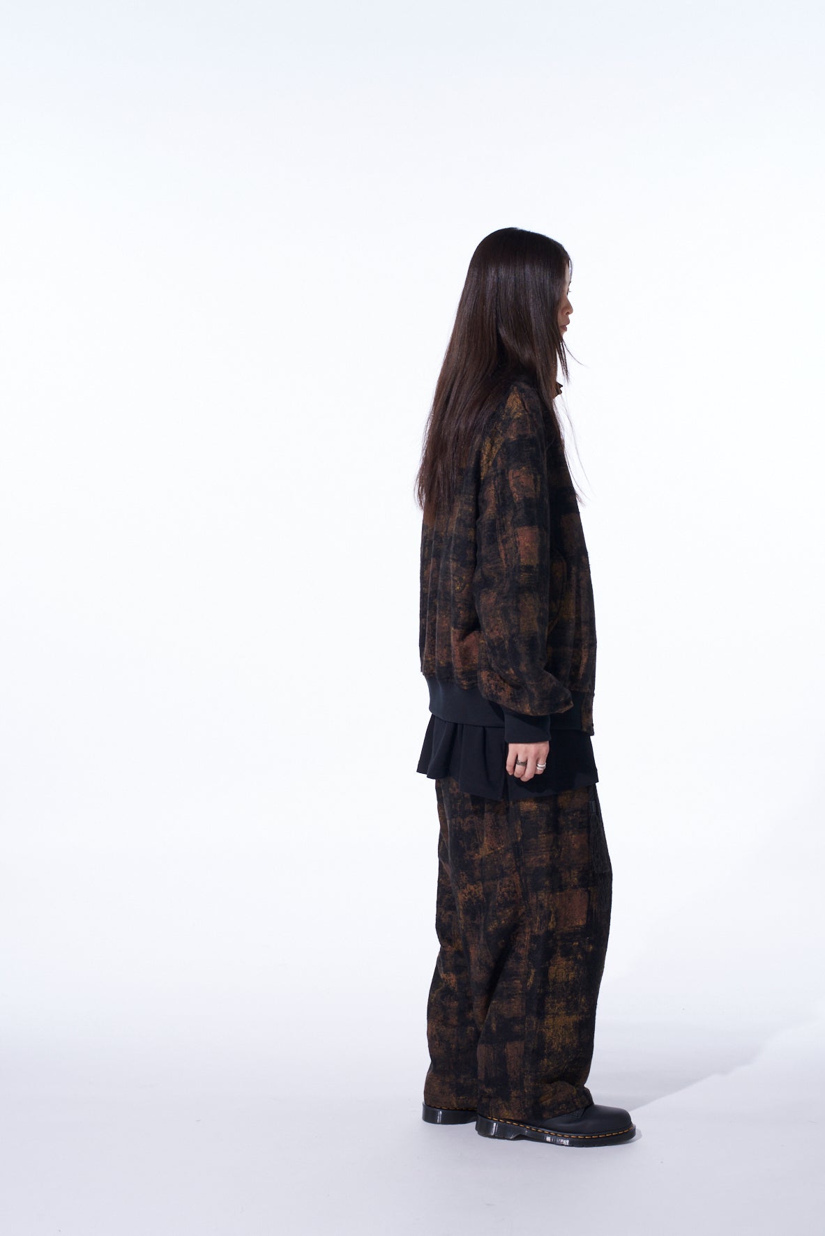 CHECK JACQUARD WAIST-STRING WIDE PANTS