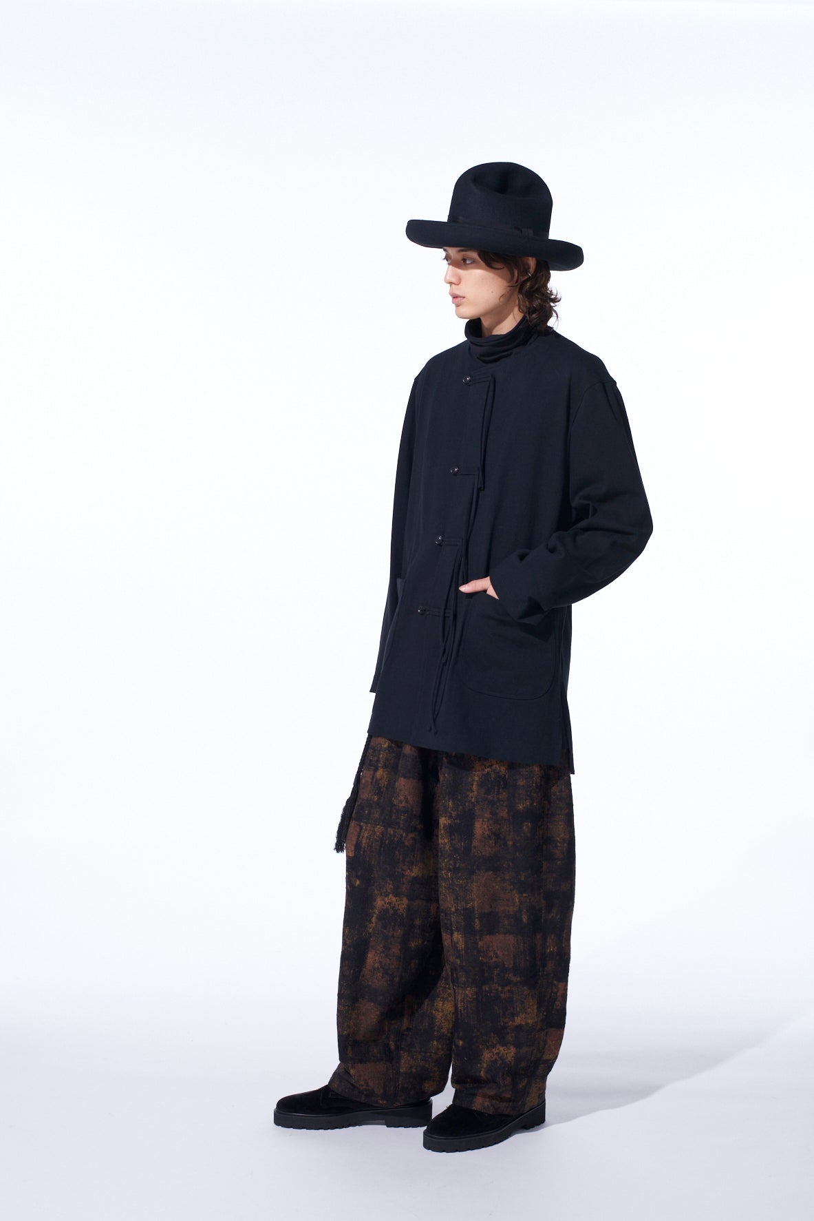 CHECK JACQUARD WAIST-STRING WIDE PANTS