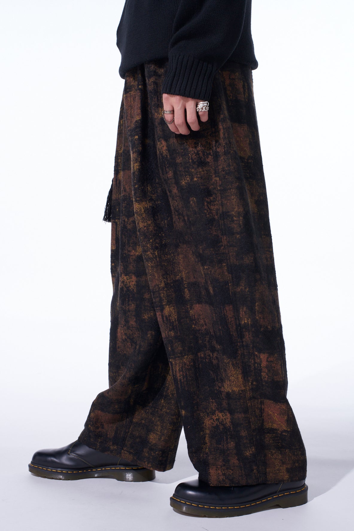 CHECK JACQUARD WAIST-STRING WIDE PANTS