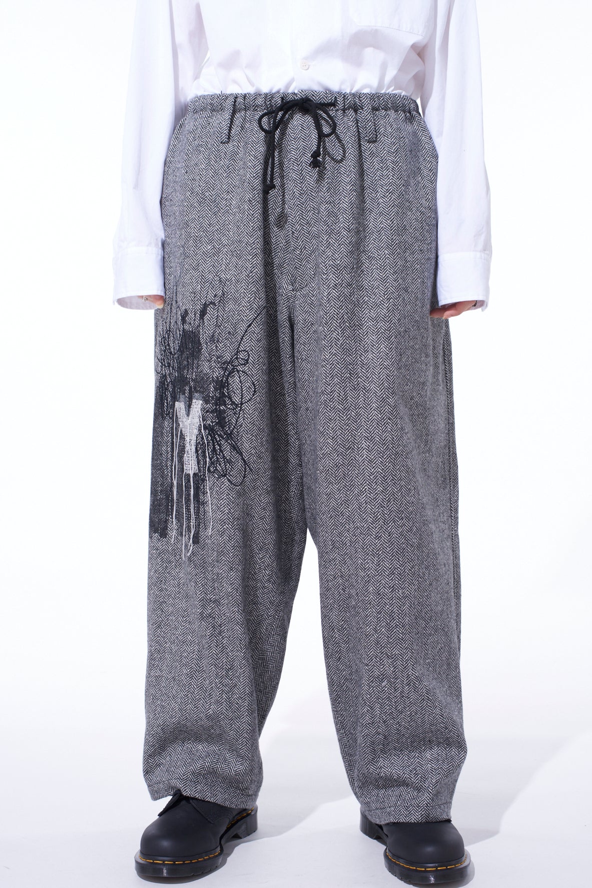 HERRINGBONE TWEED WAIST-STRING WIDE PANTS
