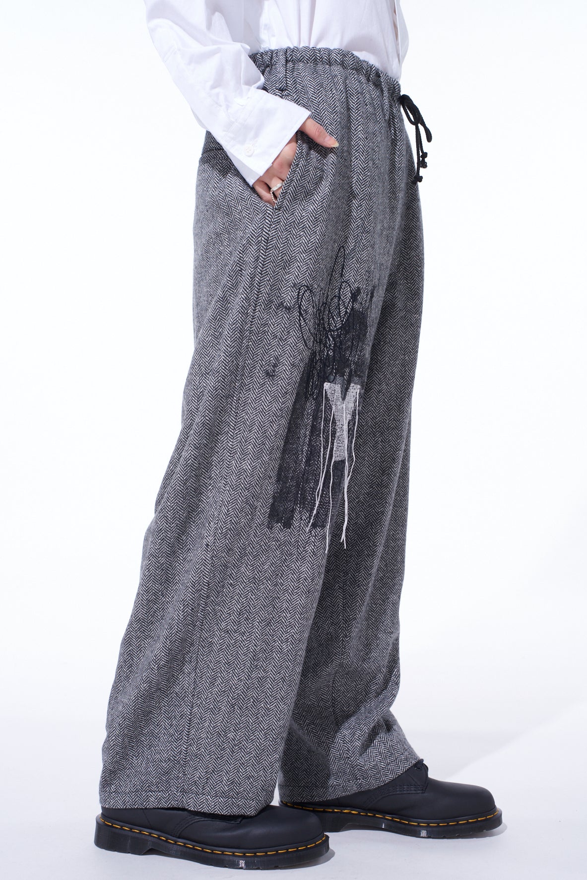 HERRINGBONE TWEED WAIST-STRING WIDE PANTS