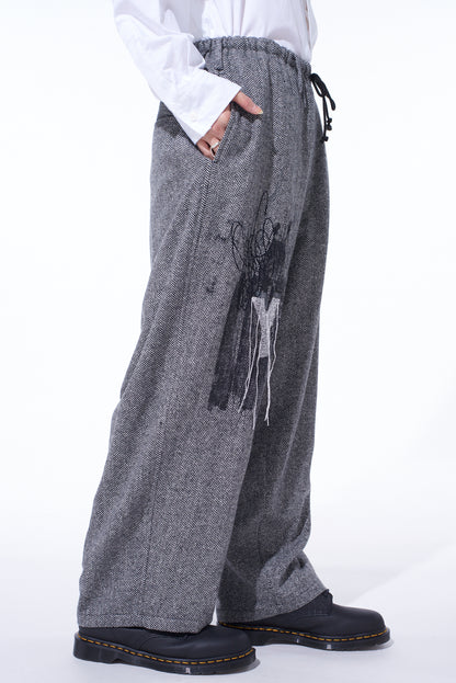 HERRINGBONE TWEED WAIST-STRING WIDE PANTS