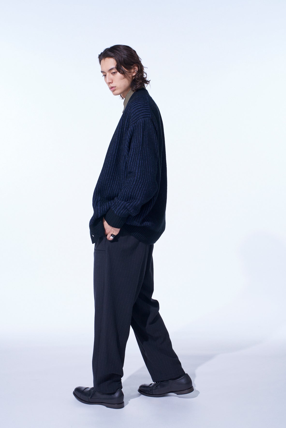 STRIPED SILK ANGORA WOOL TAPERED PANTS