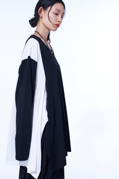 COTTON JERSEY FABRIC SWITCH L/S DRAPED T-SHIRT