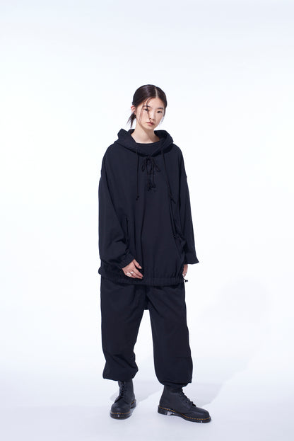 TWILL TERRY MIX OVERSIZED LACE-UP HOODIE