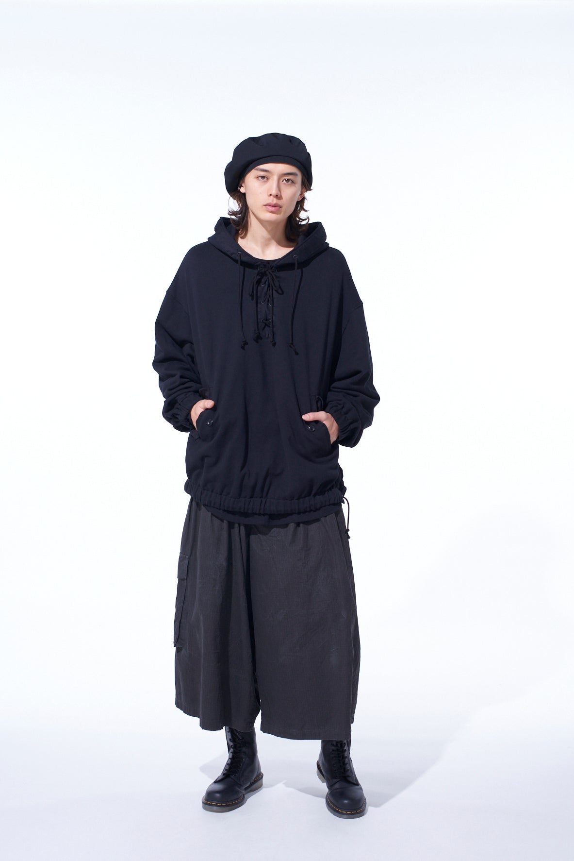 TWILL TERRY MIX OVERSIZED LACE-UP HOODIE