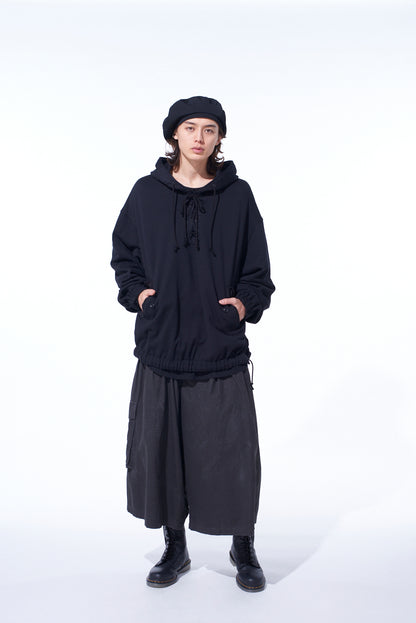 TWILL TERRY MIX OVERSIZED LACE-UP HOODIE