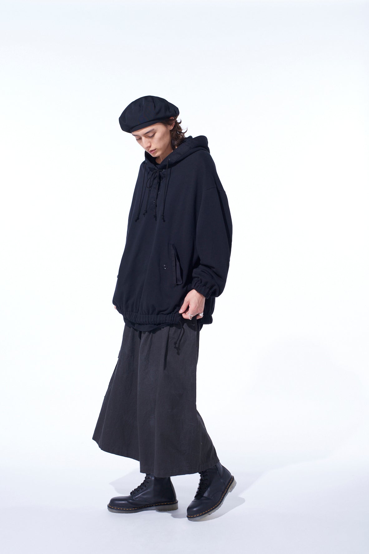 TWILL TERRY MIX OVERSIZED LACE-UP HOODIE