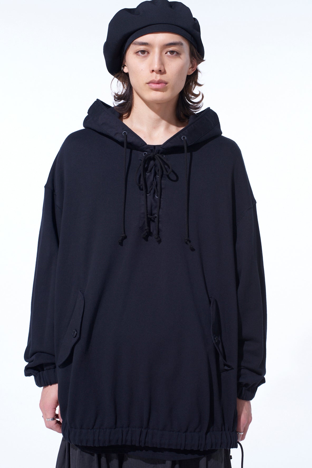 TWILL TERRY MIX OVERSIZED LACE-UP HOODIE