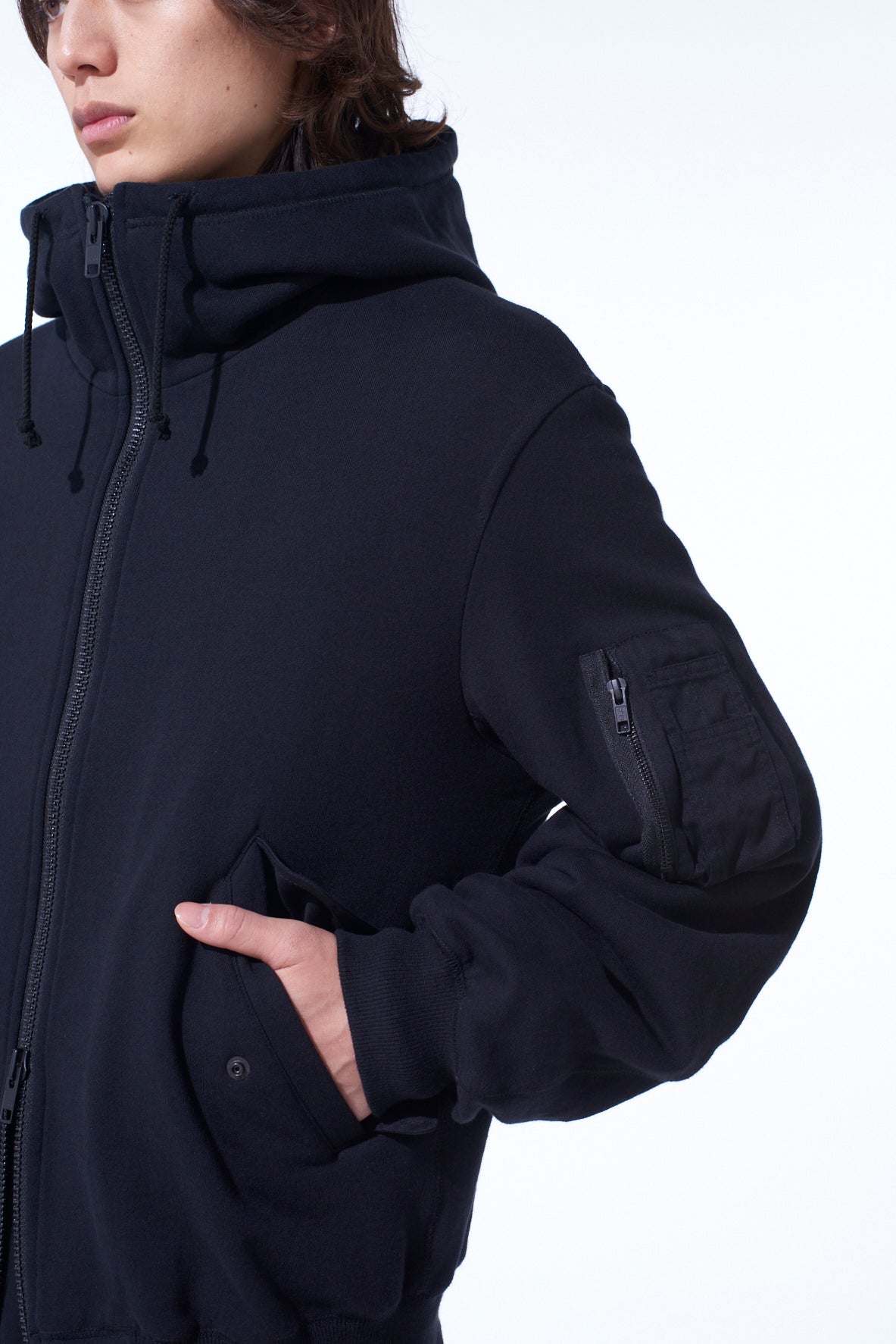 TWILL TERRY MIX ZIP-UP HOODIE WITH UTILITY SLEEVE POCKET – THE