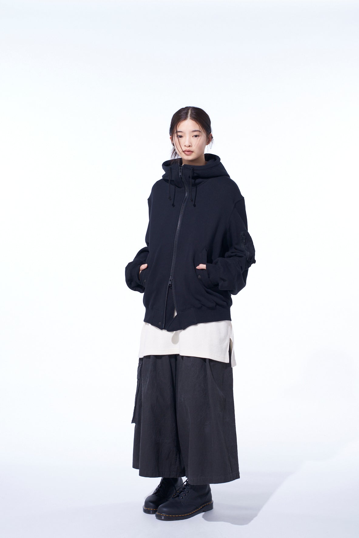 TWILL TERRY MIX ZIP-UP HOODIE WITH UTILITY SLEEVE POCKET