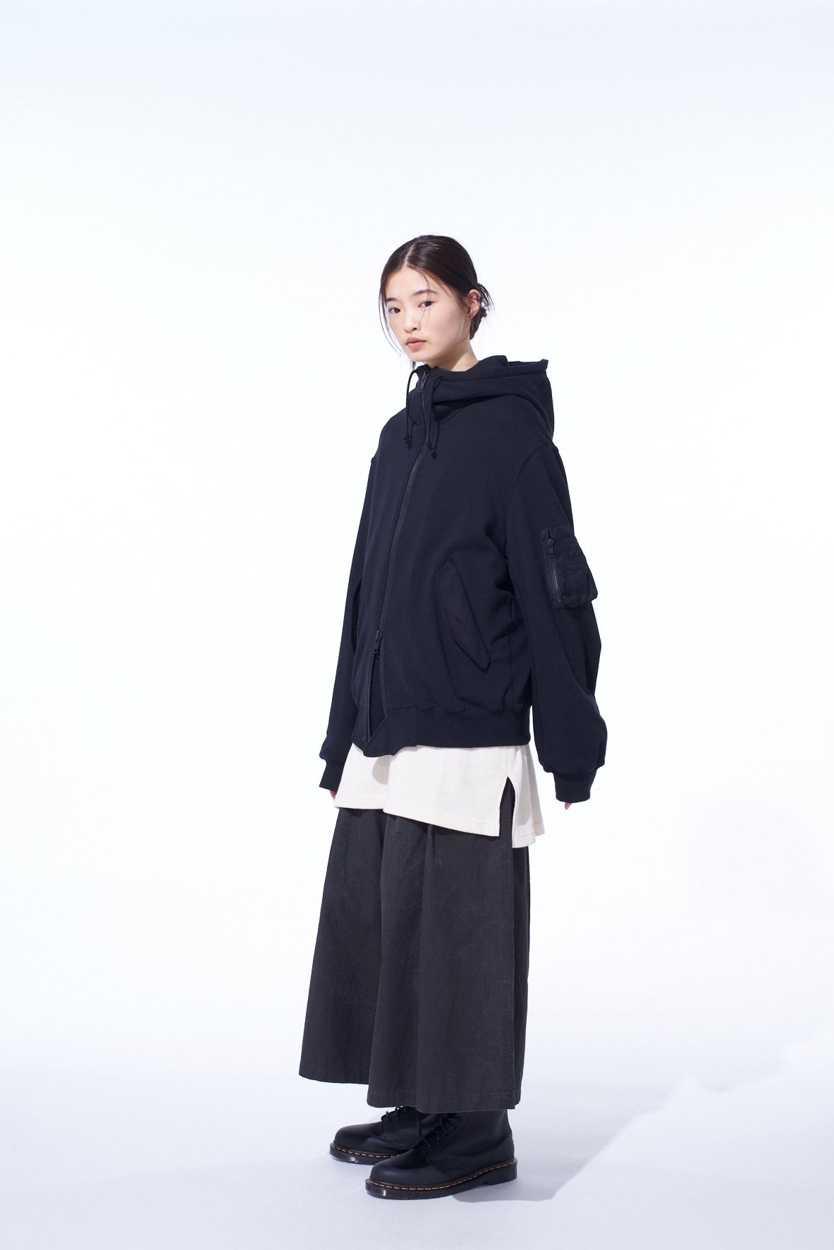 TWILL TERRY MIX ZIP-UP HOODIE WITH UTILITY SLEEVE POCKET