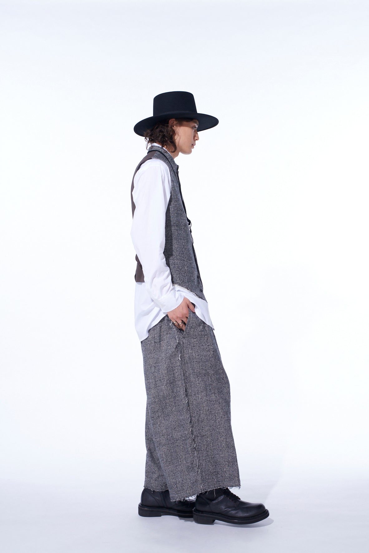 GLEN CHECK CUT-OUT HEM STAND COLLAR VEST